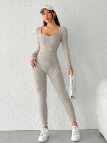 SHEIN PETITE 女式羅紋長袖連身褲連身褲 - 卡其色 - 查看 7