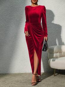 Chiquease Màu thuần Tay áo dài Viền không đối xứng Đầm - Đỏ - Xem 1