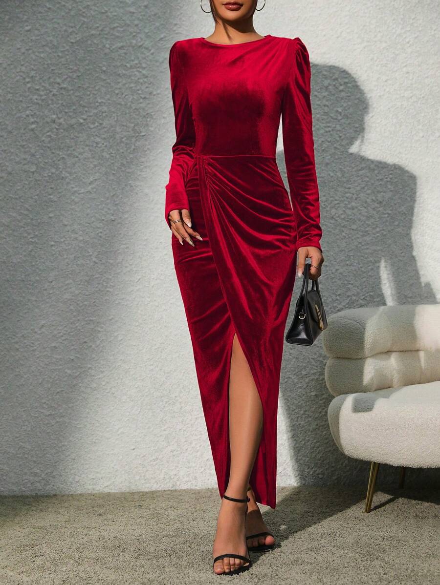 Chiquease Màu thuần Tay áo dài Viền không đối xứng Đầm - Đỏ - Xem 1