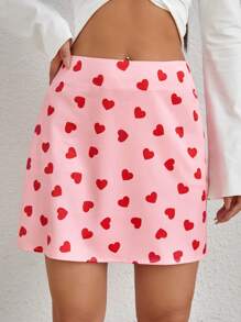 SHEIN EZwear Women's Full Print Heart Pattern Skirt - Pink - View 4