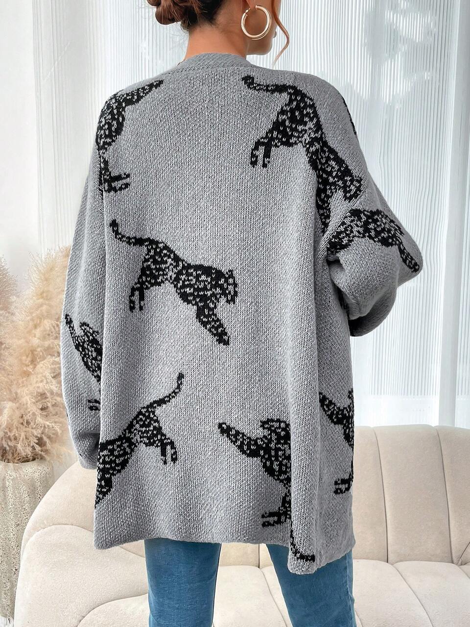 Ladies' Leopard Print Drop Shoulder Long Sleeve Cardigan Fall Cloth For Women