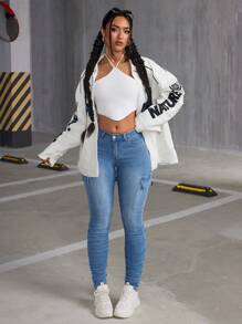 SHEIN ICON Pantalones De Mezclilla Arrugados Y Elásticos Para Mujer - Azul lavado medio - Ver 6