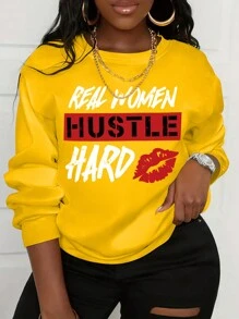 SHEIN Unity Kích thước lớn Áo nỉ Với Môi In Slogan - Màu vàng - Xem 1