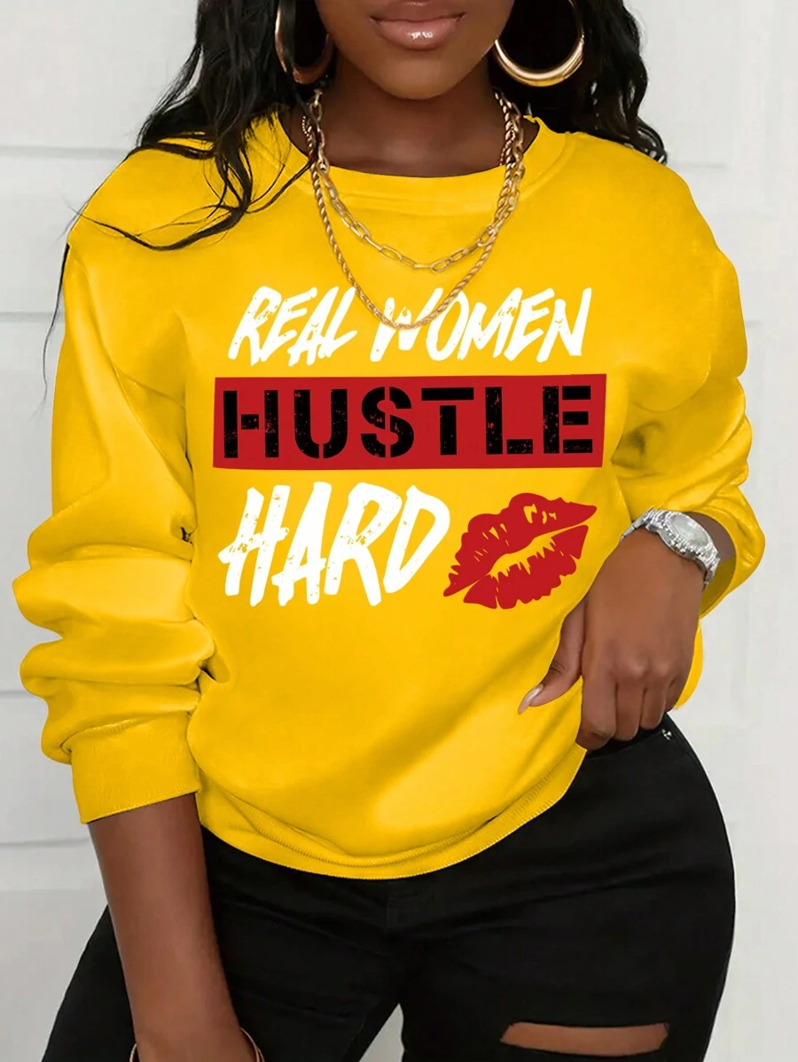 SHEIN Unity Kích thước lớn Áo nỉ Với Môi In Slogan - Màu vàng - Xem 1