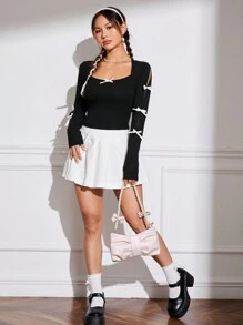 SHEIN MOD 女用蝴蝶結裝飾長袖 T 卹 - 黑色 - 查看 4