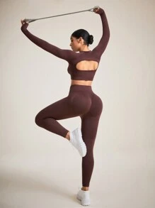 Easithlete Bộ đồ thể thao liền mạch màu trơn co giãn cao có thiết kế khoét lưng rỗng dành cho nữ Bộ đồ tập gym dành cho nữ - màu nâu - Xem 4