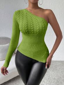 SHEIN SXY Một bờ vai Cable Áo len dệt kim - màu xanh lá - Xem 5