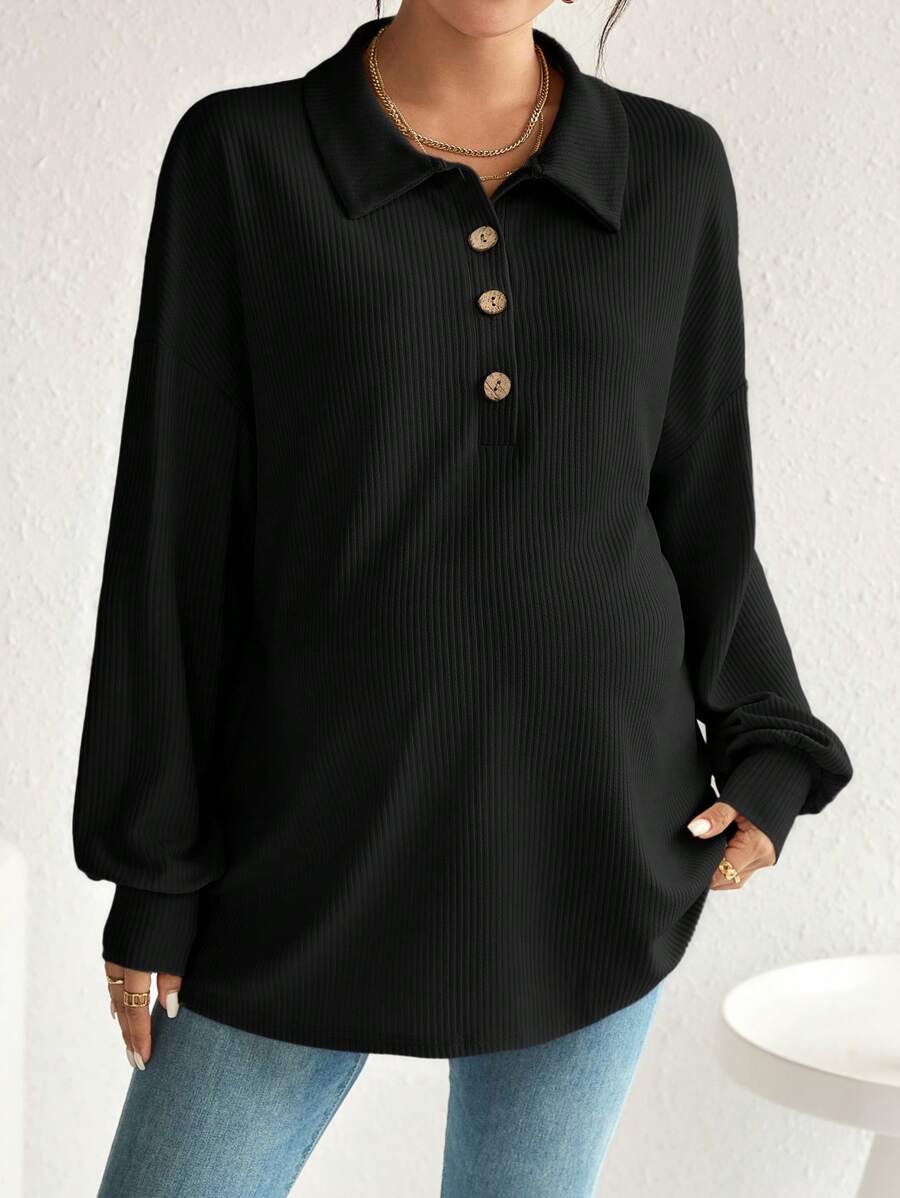 SHEIN Thai sản Tay áo lồng đèn Cổ Polo Dài Áo thun - màu đen - Xem 1