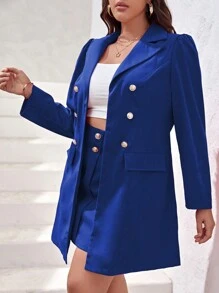 SHEIN Privé Plus Double Breasted Blazer & Skirt - Royal Blue - View 1