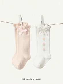 Cozy Pixies 2pairs/Set Adorable Floral Pattern Over Knee Socks With Bowknot Decor For Baby Girl, Suitable For Daily Wear And - Multicolor - View 2