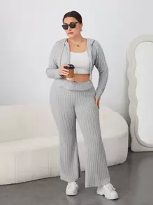 SHEIN Essnce 大尺碼純色連帽抽繩休閒兩件套 - 灰色 - 查看 1