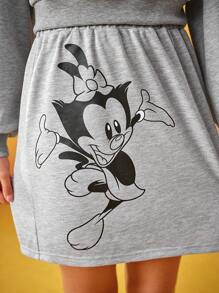 ANIMANIACS X SHEIN Casual Cartoon Print Drop Shoulder Sweatshirt And Skirt Set - Light Grey - View 6