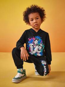 ANIMANIACS X SHEIN Young Boy Cartoon Printed Hooded Sweatshirt And Sports Pants Set - Black - View 8