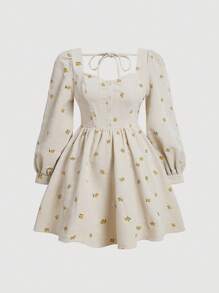 SHEIN MOD 大碼花卉印花愛心領燈籠袖連衣裙 - 杏色 - 查看 1