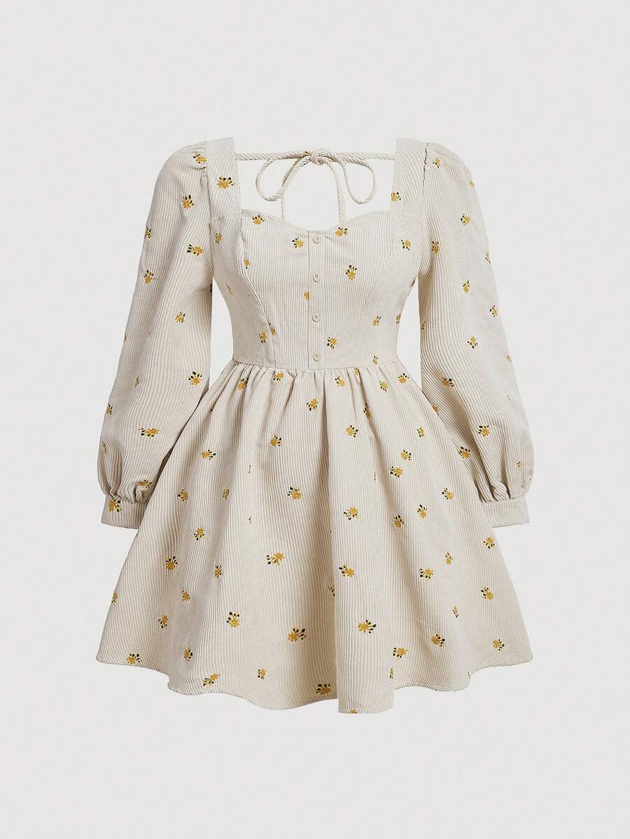 SHEIN MOD 大碼花卉印花愛心領燈籠袖連衣裙 - 杏色 - 查看 1