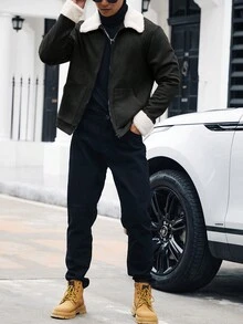 男士拼布泰迪絨拉鍊夾克 - 黑色 - 查看 4