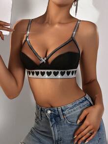 女式心形印花網眼拼接內衣 - 黑色 - 查看 3