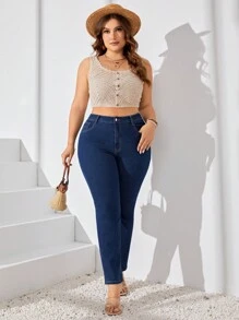 Kích thước lớn Cao eo Quần jean ôm - Rửa tối - Xem 5