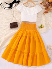 SHEIN Tween Girls 1 Set: White Off Shoulder Top & Mid-Length Skirt, 2pcs Outfit - Yellow - View 2