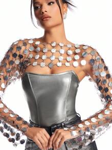 SHEIN BAE Women's Solid Color Metallic Gorgeous Music Festival Club Party Date Night Sparkly Sequin Cover-Up Top