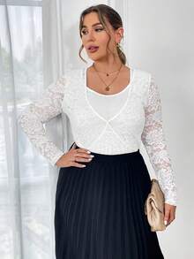 SHEIN Privé Plus Size Long Sleeve Floral Lace Top - White - View 2