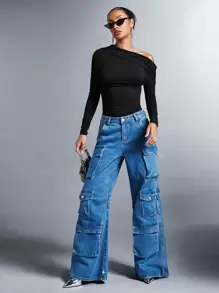 SHEIN BAE Damer Enfärgad Asymmetrisk Krage Kroppsuits - Svart - Visa 6