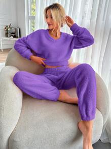 SHEIN Cottnline Pullover teddy de hombros caídos con pantalones - Morado - Ver 4