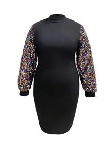 SHEIN Franclia Plus Size Women's Glitter Lantern Sleeve Dress - Multicolor - View 5