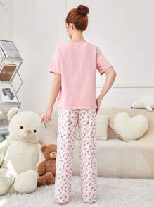 SHEIN 青少女實色針織v領t卹和花卉褲子家居服 - 粉色 - 查看 2