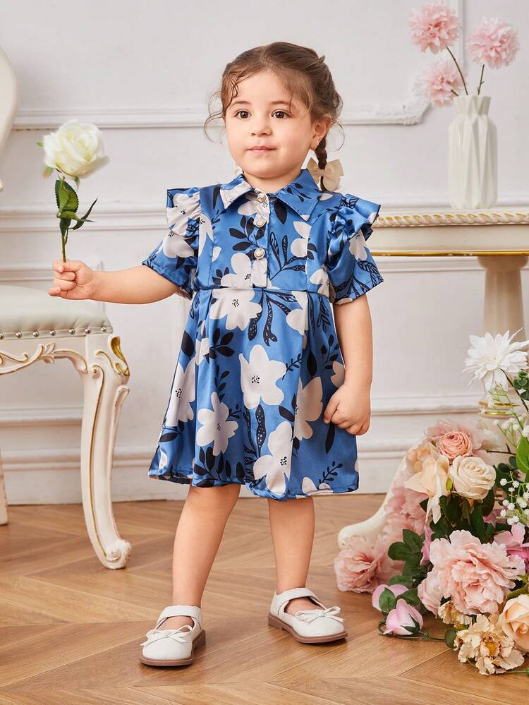 Baby Girls' Short-sleeved Dress With Floral Pattern