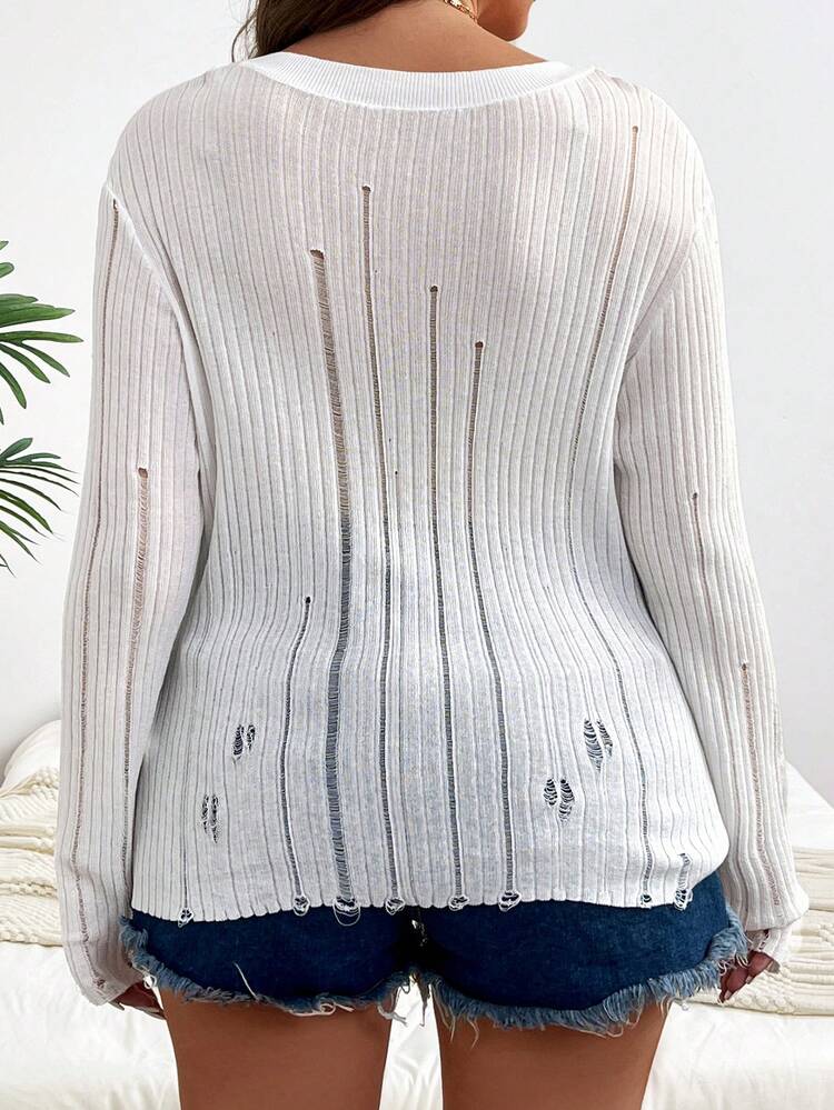 Plus Solid Color Drop Shoulder Distressed Sweater Knit Pullover Fall Winter