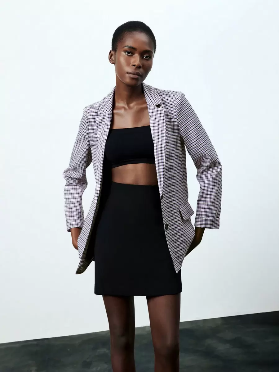 GENKIRA Áo khoác blazer kẻ caro nữ vải thu cho nữ - Màu tím - Xem 1