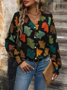 女銀杏葉印花長袖襯衫 - 黑色 - 查看 3