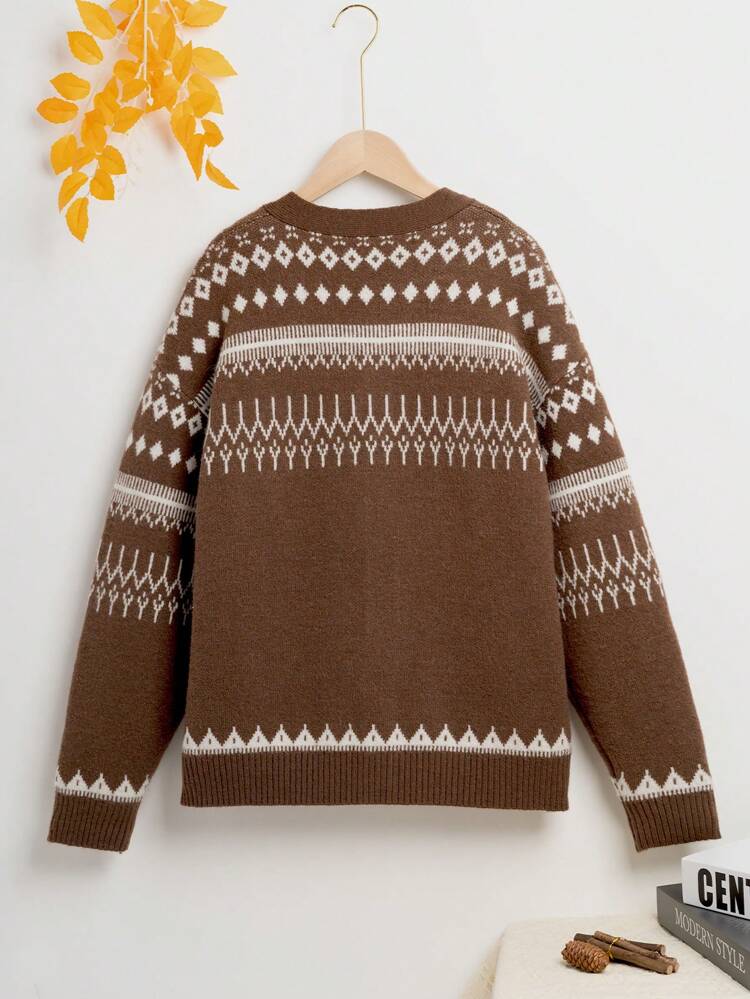 Fair Isle Jacquard Pattern Teen Boy'S Knitted Cardigan Sweater