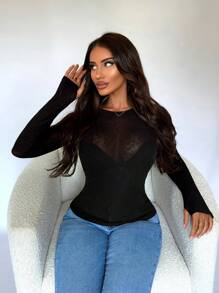 SHEIN SXY Women's See-Through Tight Long Sleeve Black Top - Black - View 5