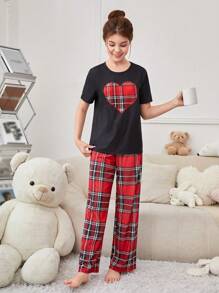 SHEIN Thiếu niên Cô gái Dệt kim Hình trái tim Áo thun Và quần kẻ sọc Bộ PJ - màu đen - Xem 4