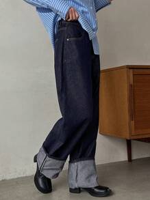 高腰直筒牛仔褲 - 黑色 - 查看 1