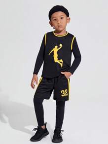 SHEIN 4pcs Toddler Boys' Loose Casual Round Neck Vest, Long Sleeve T-shirt, Pants And Shorts Sports Outfits - Black - View 10