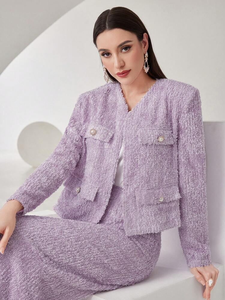Flip Design Fuzzy Jacket And Skirt Two Piece Set With Button Front Detail