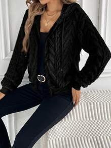 SHEIN LUNE Women's Plush Drawstring Hooded Jacket - Black - View 4