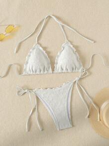 Swim Mod Frilled Edged Flower Pressed Triangle Cup Knotted Side Bikini Set Wedding Summer