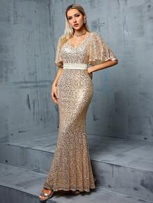 Váy dạ hội trang trọng cổ chữ V tay loe thắt lưng satin đính sequin viền đuôi cá cho nữ - Màu be - Xem 5
