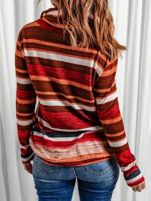 Women's Striped Hooded Sweatshirt Long Sleeved Casual Pullover Hoodie Multi-Colored Striped Pocket Top - Burgundy - View 2