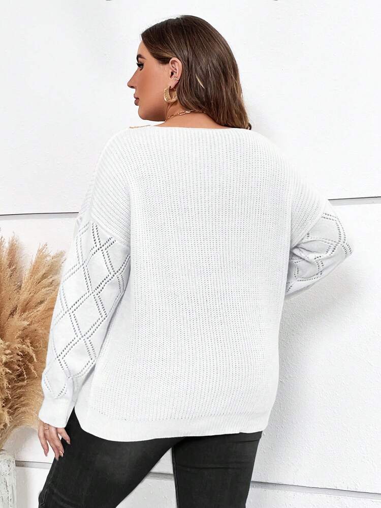Women's Plus Size Lace Patchwork Drop Shoulder Pullover Sweater, Knit Pullover Fall Winter