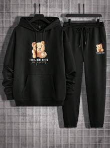 GENTILAND 男士熊和字母印花束口連帽卫衣和裤子套装 - 黑色 - 查看 1