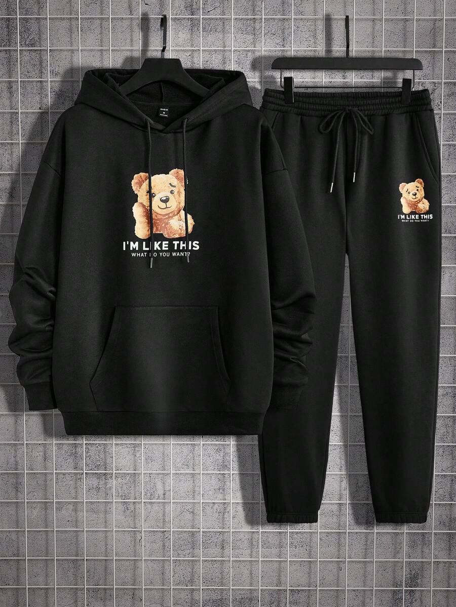 GENTILAND 男士熊和字母印花束口連帽卫衣和裤子套装 - 黑色 - 查看 1