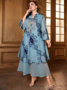Al Najma Women'S Plus Size Lace Patchwork Notched Neckline High-Low Hem Dress