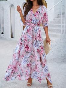 PoPoHouse Women's Elegant Romantic Holiday Wind Floral Print Belt Summer Dress, Beach Vacation Outfits Women - Pink - View 1