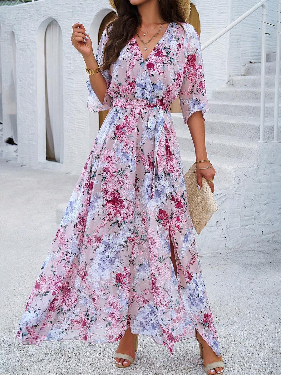 PoPoHouse Women's Elegant Romantic Holiday Wind Floral Print Belt Summer Dress, Beach Vacation Outfits Women - Pink - View 1