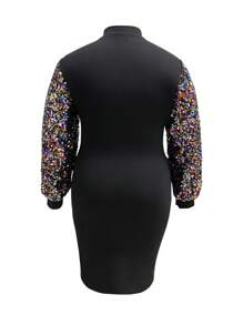 SHEIN Franclia Plus Size Women's Glitter Lantern Sleeve Dress - Multicolor - View 3
